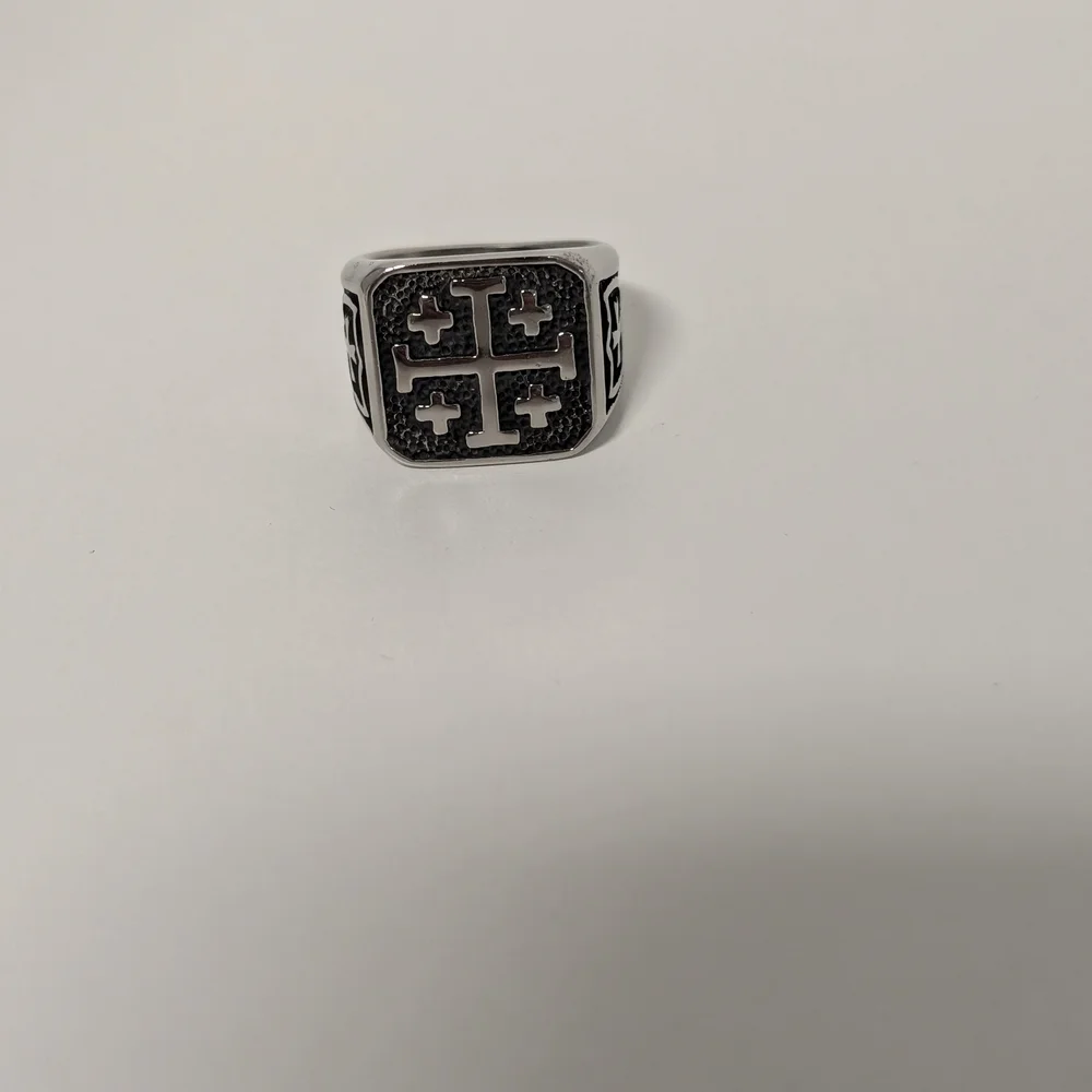 Men's Silver-Tone Cross Signet Ring - Black Accents